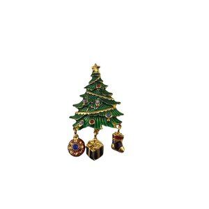 Vintage Christopher Radko Brooch Pin Christmas Tree w/Charms Signed Enamel